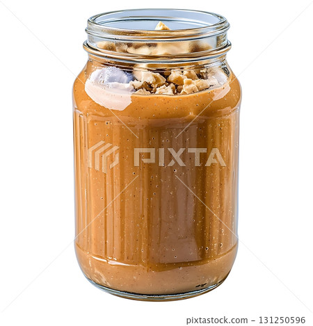 Creamy Nut Butter in Glass Jar with Chunky Topping and Soft Lighting for Kitchen Decor Creamy Nut Butter in Glass Jar with Chunky Topping and Soft Lighting for Kitchen Decor 131250596