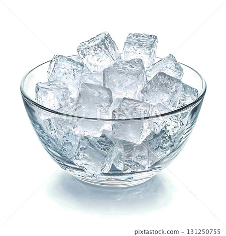 Clear Ice Cubes in a Glass Bowl on White Background for Beverage and Food Presentations Clear Ice Cubes in a Glass Bowl on White Background for Beverage and Food Presentations 131250755