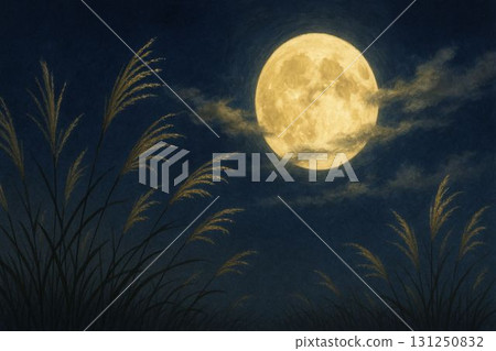 薄雲和銀色的草懸掛在月亮上方 131250832