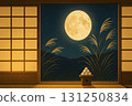 The moon and silver grass through the shoji screen 131250834