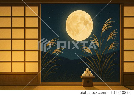 The moon and silver grass through the shoji screen 131250834