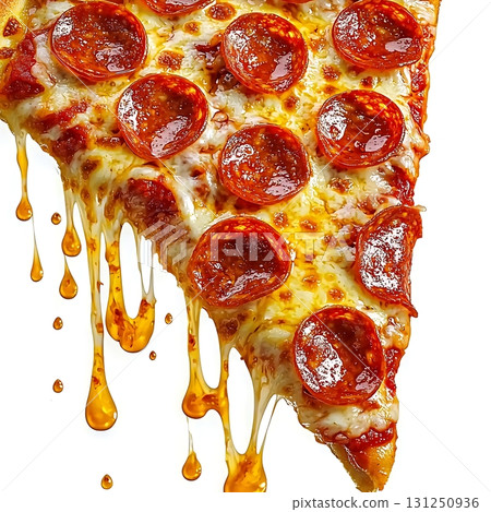 Delicious Pepperoni Pizza Slice with Melted Cheese Dripping on White Background 131250936