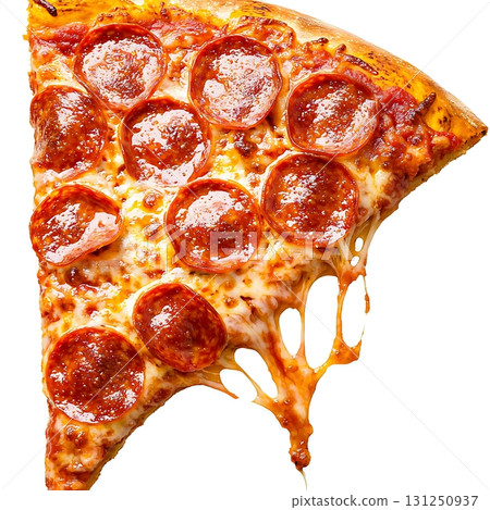 Delicious Pepperoni Pizza Slice with Melted Cheese and Golden Crust on White Background 131250937