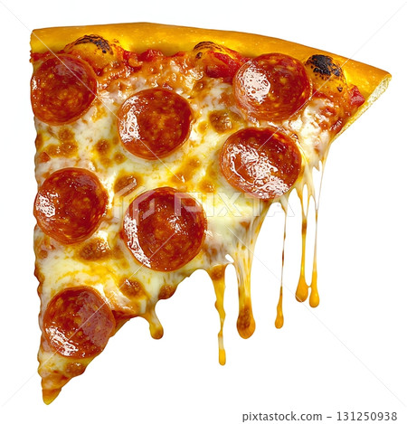 Delicious Pepperoni Pizza Slice with Melted Cheese and Greasy Toppings on White Background 131250938