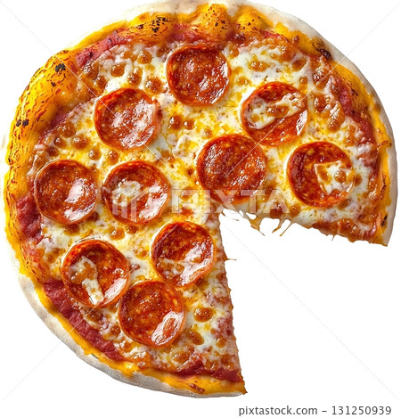 Delicious Pepperoni Pizza with Melted Cheese and Crispy Crust on White Background 131250939