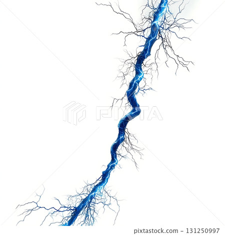 Electric arc illustration with intricate details of lightning striking through a white background 131250997