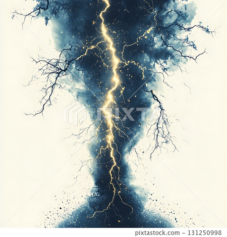 Dramatic Lightning Strike Illuminates Dark Storm Clouds with Branching Tree Silhouettes 131250998