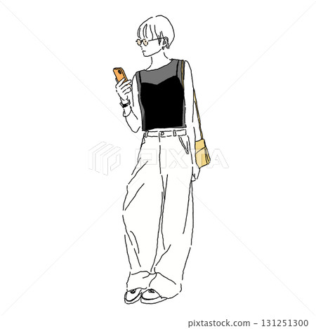 Color fashion illustration of a short-haired woman looking at her smartphone in casual layered fashion 131251300