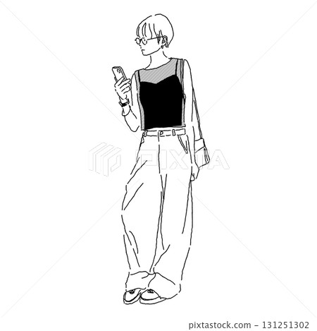 Line drawing of a short-haired woman looking at her smartphone, adult casual fashion 131251302