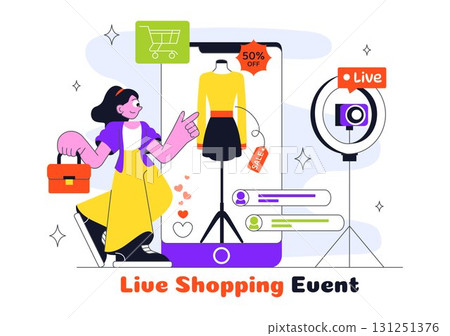Influencer Live Shopping Event Illustration Featuring Influencers and Hosts Selling Goods to Promote Sales, Discounts, and Free Shipping Coupons Influencer Live Shopping Event Illustration Featuring Influencers and Hosts Selling Goods to Promote Sales, Discounts, and Free Shipping Coupons 131251376