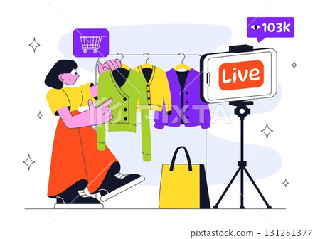 Influencer Live Shopping Event Illustration Featuring Influencers and Hosts Selling Goods to Promote Sales, Discounts, and Free Shipping Coupons Influencer Live Shopping Event Illustration Featuring Influencers and Hosts Selling Goods to Promote Sales, Discounts, and Free Shipping Coupons 131251377