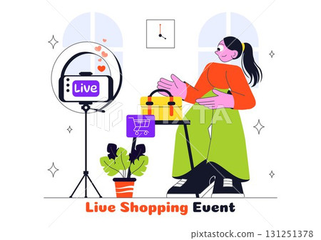 Influencer Live Shopping Event Illustration Featuring Influencers and Hosts Selling Goods to Promote Sales, Discounts, and Free Shipping Coupons Influencer Live Shopping Event Illustration Featuring Influencers and Hosts Selling Goods to Promote Sales, Discounts, and Free Shipping Coupons 131251378