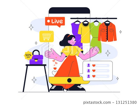 Influencer Live Shopping Event Illustration Featuring Influencers and Hosts Selling Goods to Promote Sales, Discounts, and Free Shipping Coupons Influencer Live Shopping Event Illustration Featuring Influencers and Hosts Selling Goods to Promote Sales, Discounts, and Free Shipping Coupons 131251380