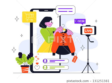Influencer Live Shopping Event Illustration Featuring Influencers and Hosts Selling Goods to Promote Sales, Discounts, and Free Shipping Coupons 131251381