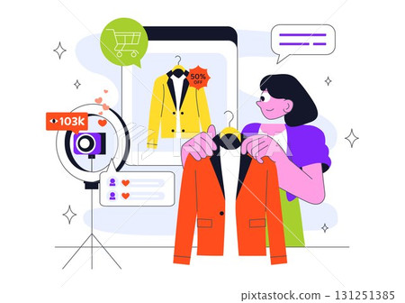 Influencer Live Shopping Event Illustration Featuring Influencers and Hosts Selling Goods to Promote Sales, Discounts, and Free Shipping Coupons 131251385