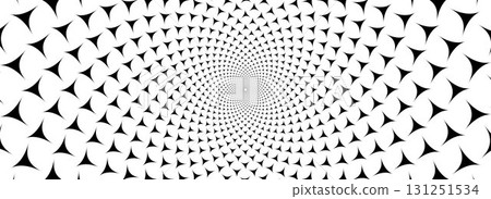 Black and white optical illusion background. Hypnotic rotating sharp triangles surface. Spinning spiral arrow poster design. Abstract trippy illusion wallpaper for banner, template design. Vector 131251534