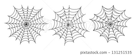 Black spooky spider web collection. Creepy cobweb set. Halloween frame and borders elements for banner, poster, decoration. Linear scary tangled net bundle. Vector Haloween outline pack 131251535