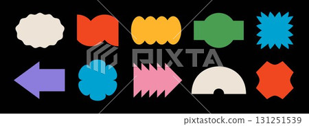 Bright colorful abstract sticker shape set. Retro pop art border element collection. Groovy geometric frame pack for badge, tag, label, banner, poster, sign, flyer, logo. Vector funky patch bundle 131251539