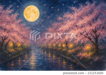 夜櫻花，櫻花樹，照明，滿月，運河，水彩畫 131251685