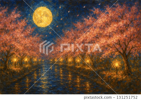 Night cherry blossoms, cherry blossom trees, illuminated, full moon, canal, oil painting 131251752