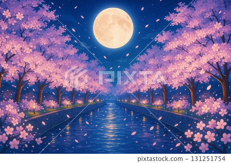 夜櫻花，櫻花樹，照明，滿月，運河，動漫風格 131251754