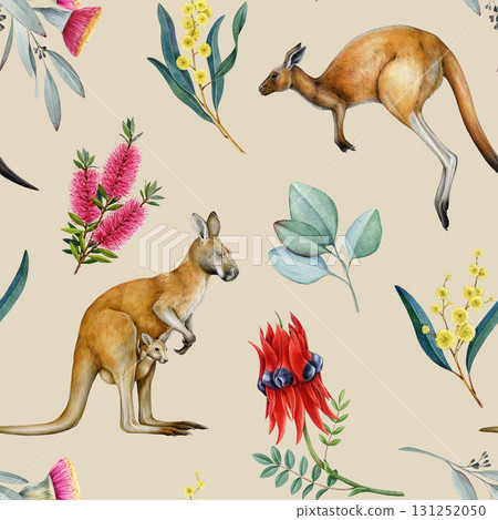 Kangaroo with Australian flora elements seamless pattern hand drawn element. Cute hopping and standing kangaroos with Australia flowers seamless pattern design for packaging and wrapping paper 131252050