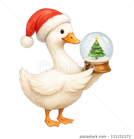 Christmas duck wearing red hat holding snow globe with tree 131252272