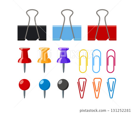 Set of colorful office supplies including binder clips, push pins 131252281