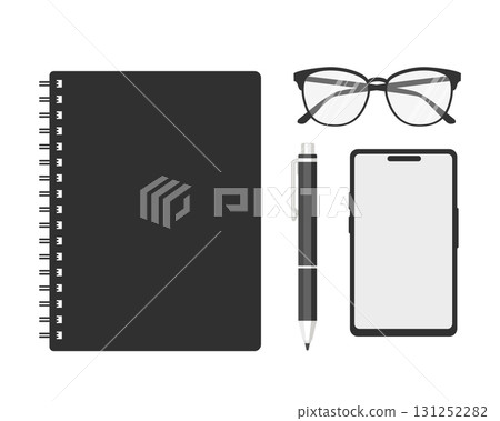 Flat lay illustration of essential office items including a spiral notebook, eyeglasses, pen, and smartphone in minimalist black and white style 131252282