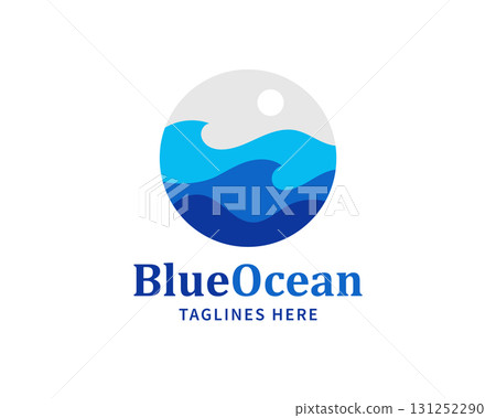 Modern circular design featuring layered blue ocean waves with a sun above, ideal for marine, travel, and environmental branding Modern circular design featuring layered blue ocean waves with a sun above, ideal for marine, travel, and environmental branding 131252290