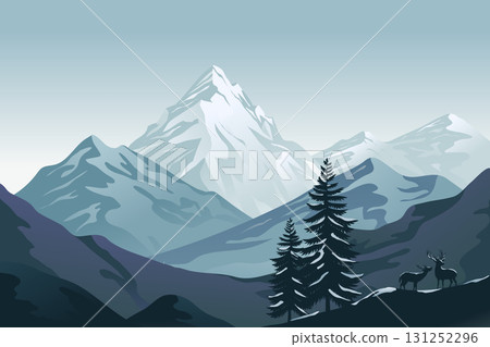 illustration of snowy mountains with tall pine trees and two deer standing on a hill in the foreground in winter landscape 131252296