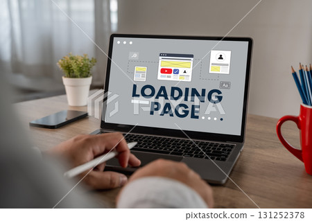 laptop screen; wireframe layout, content modules, responsive template, analytics-ready mockup for 131252378