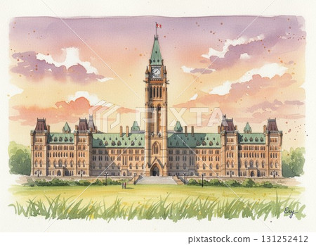 The symbol of Ottawa, Canada: the beautiful green roof of the Canadian Parliament Building. Sunset, evening view, twilight. 131252412