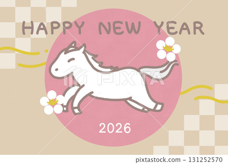 New Year's card template with a pink illustration of a white horse and plum blossoms 131252570