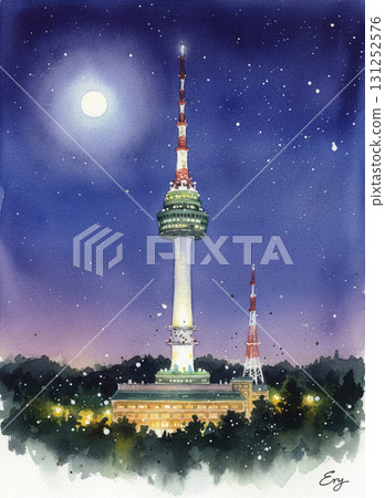 Night view of Namsan Tower, a symbol of Seoul, South Korea, and lush greenery. Illumination Night view of Namsan Tower, a symbol of Seoul, South Korea, and lush greenery. Illumination 131252576