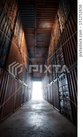 Tall shipping container corridor industrial, geometric, empty, metal, dramatic light, perspective 131252656