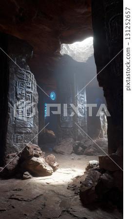 Ancient ruin stone pillar glowing symbol mysterious cave alien light beam rocky floor 131252657