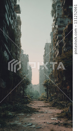 Post apocalyptic city street, destroyed buildings, overgrown plants, abandoned, urban decay 131252661