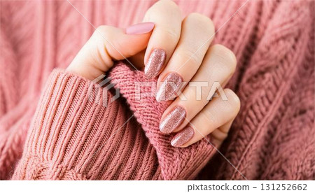 Winter sparkly nails and knitwear. AI-generated image of pink glitter nails and a warm-looking sweater. Beauty Winter 131252662