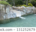 rock water slide pouring into a turquoise pool 131252679