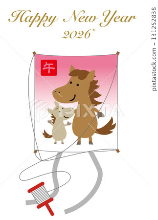 New Year's card featuring a cute horse and its kite New Year's card featuring a cute horse and its kite 131252838
