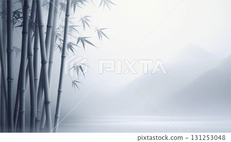 Bamboo forest by a misty waterfront with mountains in the background Bamboo forest by a misty waterfront with mountains in the background 131253048