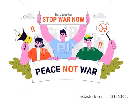 Protest Anti War Resistance Demonstration Illustration Featuring Protesters, Activists, and a Crowd with Placards for a Peaceful Social Demonstration 131253062