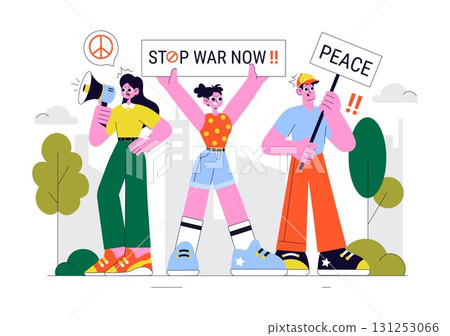 Protest Anti War Resistance Demonstration Illustration Featuring Protesters, Activists, and a Crowd with Placards for a Peaceful Social Demonstration Protest Anti War Resistance Demonstration Illustration Featuring Protesters, Activists, and a Crowd with Placards for a Peaceful Social Demonstration 131253066