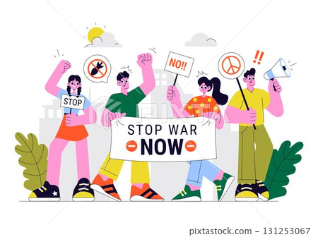 Protest Anti War Resistance Demonstration Illustration Featuring Protesters, Activists, and a Crowd with Placards for a Peaceful Social Demonstration Protest Anti War Resistance Demonstration Illustration Featuring Protesters, Activists, and a Crowd with Placards for a Peaceful Social Demonstration 131253067