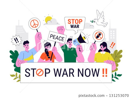 Protest Anti War Resistance Demonstration Illustration Featuring Protesters, Activists, and a Crowd with Placards for a Peaceful Social Demonstration 131253070