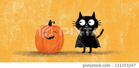 Cute Cartoon Black Cat Vampire with Smiling Pumpkin Illustration Cute Cartoon Black Cat Vampire with Smiling Pumpkin Illustration 131253247
