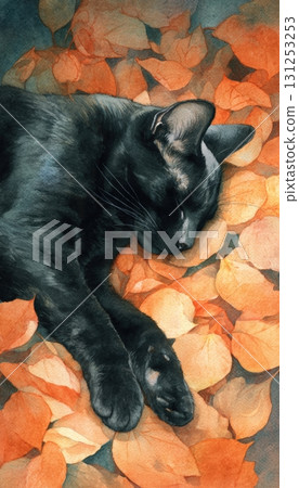 Watercolor Painting of Black Cat on Autumn Leaves in Dreamy Tones Watercolor Painting of Black Cat on Autumn Leaves in Dreamy Tones 131253253