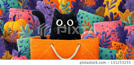 Black Cat in Trick-or-Treat Bag Halloween Illustration 131253255