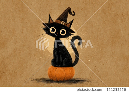 Whimsical Halloween Art: Black Cat with Witch Hat on Pumpkin 131253256